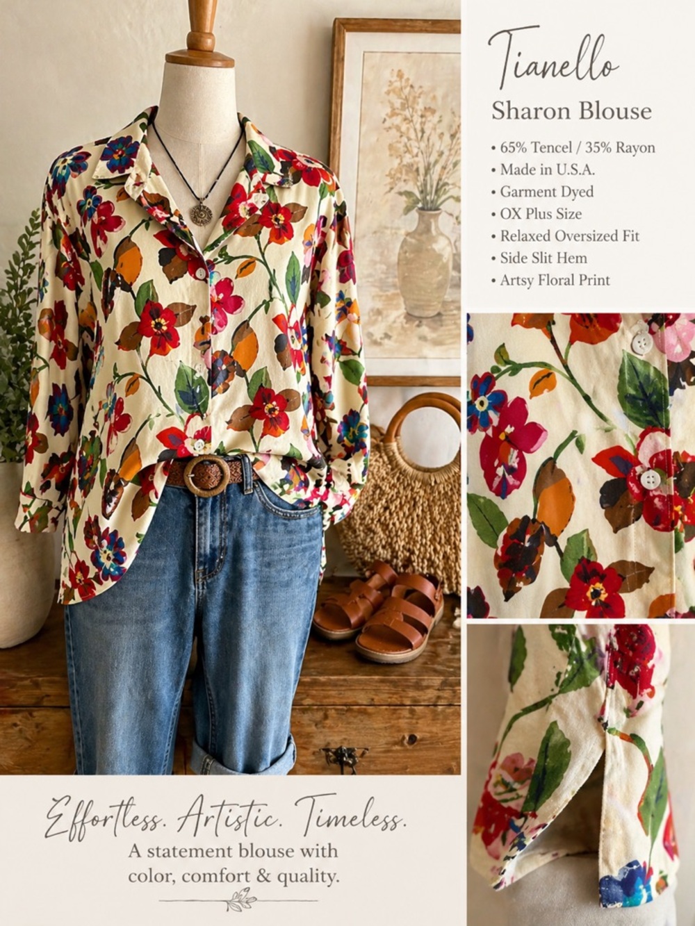 Tianello Cream Floral Button-Down Sharon Shirt with Multicolor Blooms Plus 0X